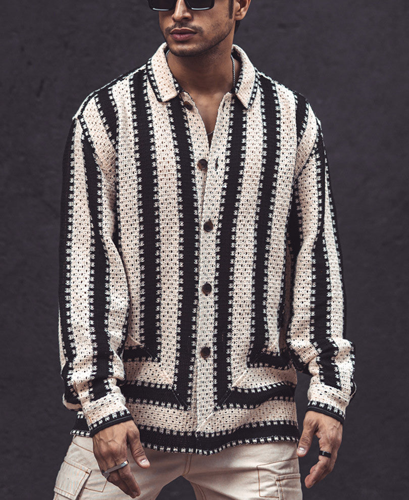 Black and White Crochet Knit Striped Oversized Shirt