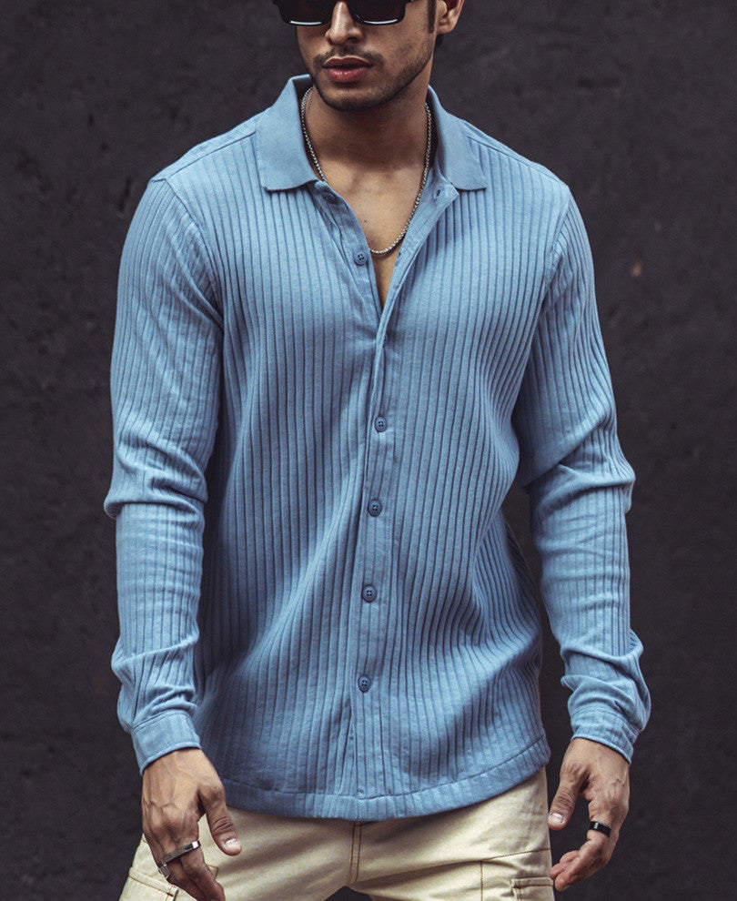 Sky Grey Rib-Knit Full Sleeves Shirt