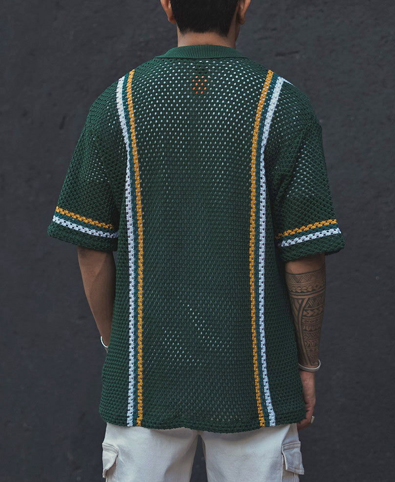Dark Green Crochet Knit Striped Oversized Shirt