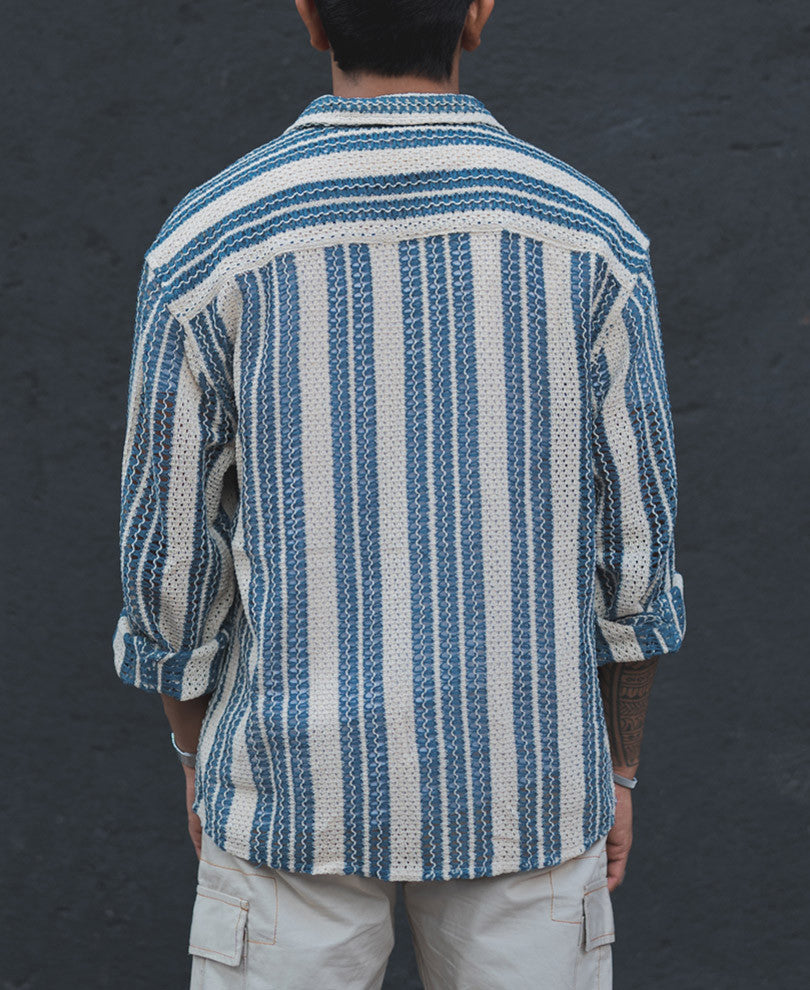 Blue and White Crochet Knit Striped Oversized Shirt