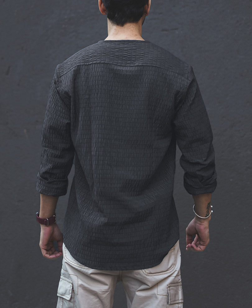 Dark Grey Structured Kurta Style Full Sleeves Shirt