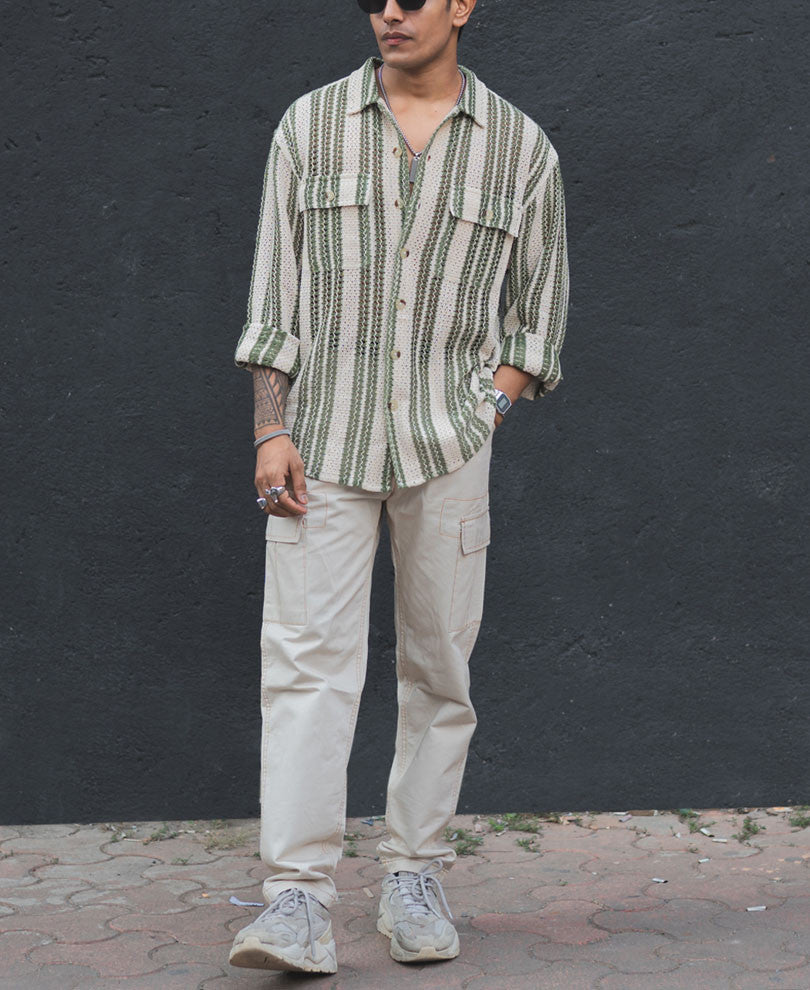 Off White and Green Crochet Striped Oversized Shirt