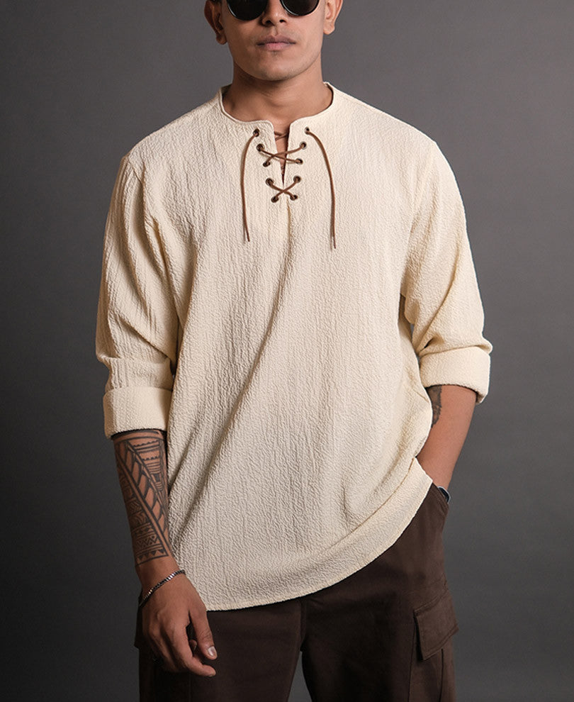 Cream Structured Kurta Style Full Sleeves Shirt