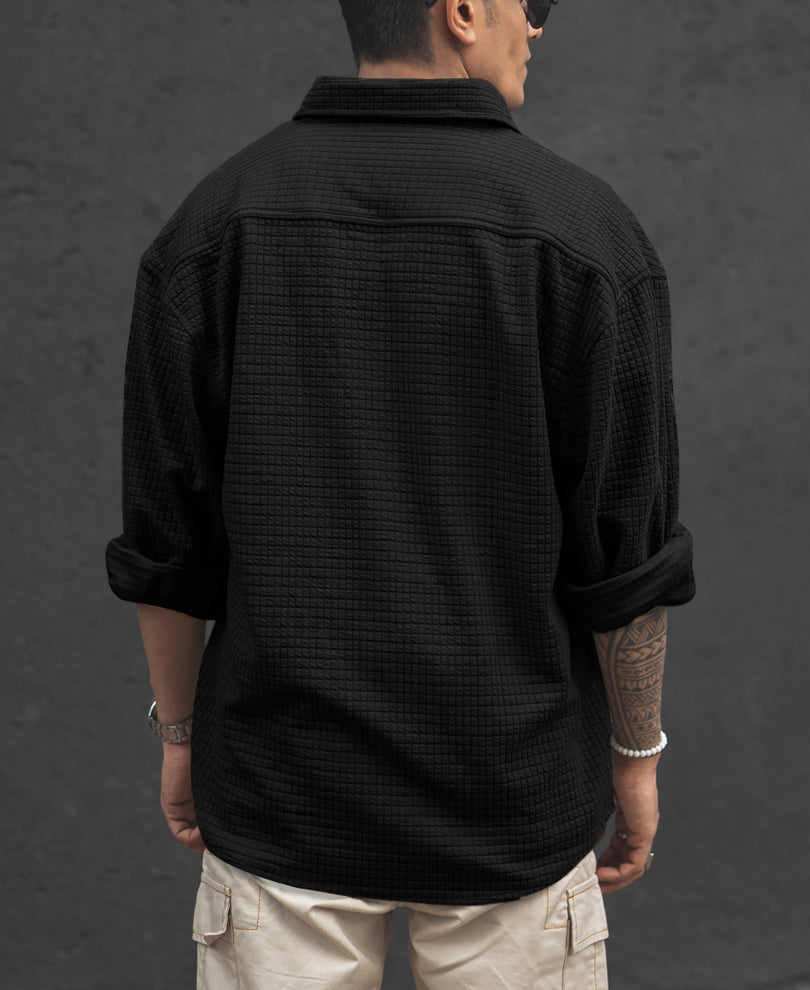 Black Structured Knit Full Sleeves Oversized Shirt