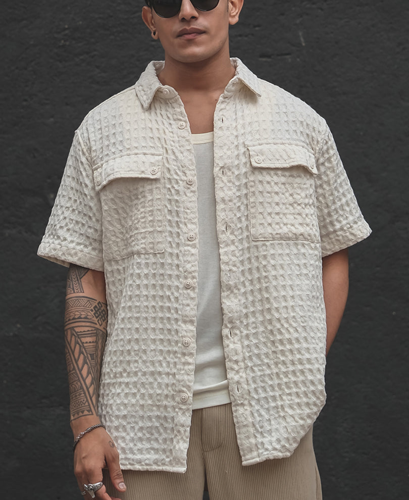 Off White Structured Puff Waffle Half Sleeves Shirt