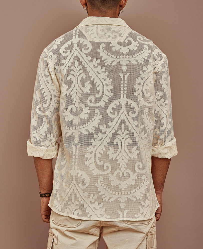 Off White Lace Pattern Full Sleeves Shirt