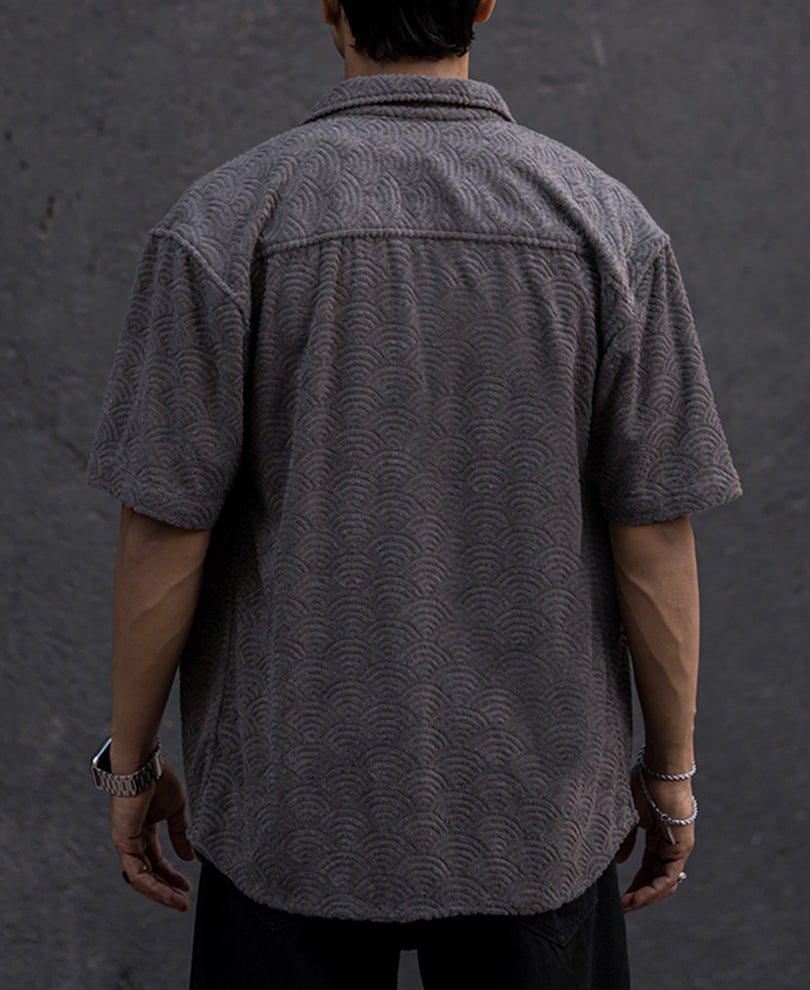 Grey Structured Jacquard Oversized Half Sleeves Shirt