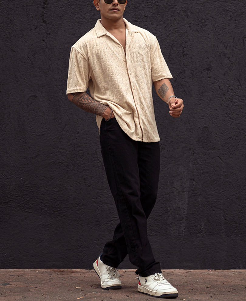 Cream Structured Jacquard Oversized Half Sleeves Shirt