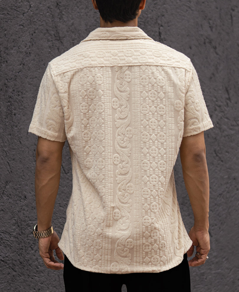 Cream Structured Regular Half Sleeves Shirt