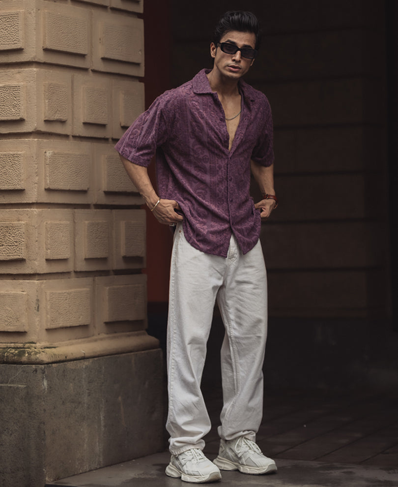 Onion Structured Jacquard Oversized Half Sleeves Shirt