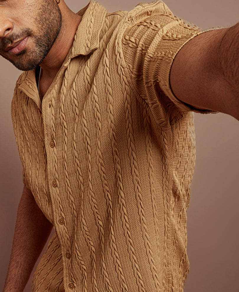 Camel Textured Half Sleeves Shirt