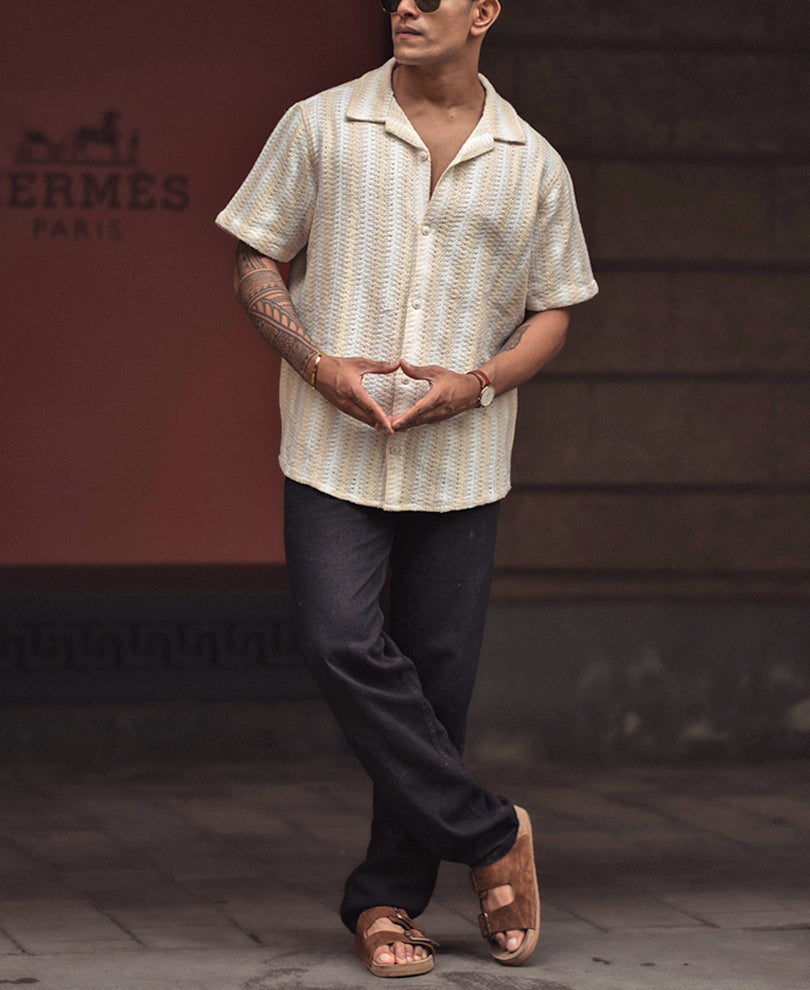 Off White and Beige Crochet Striped Regular Fit Shirt