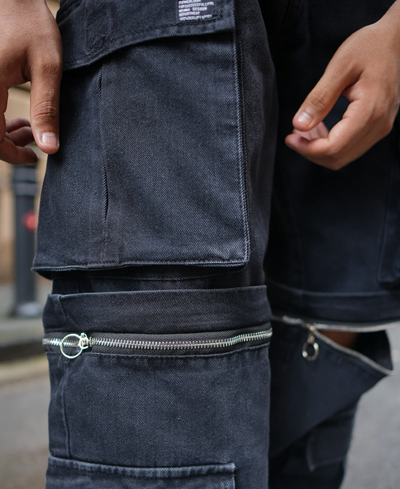 Black Baggy Fit Denim Cargo Jeans with Knee Zipper