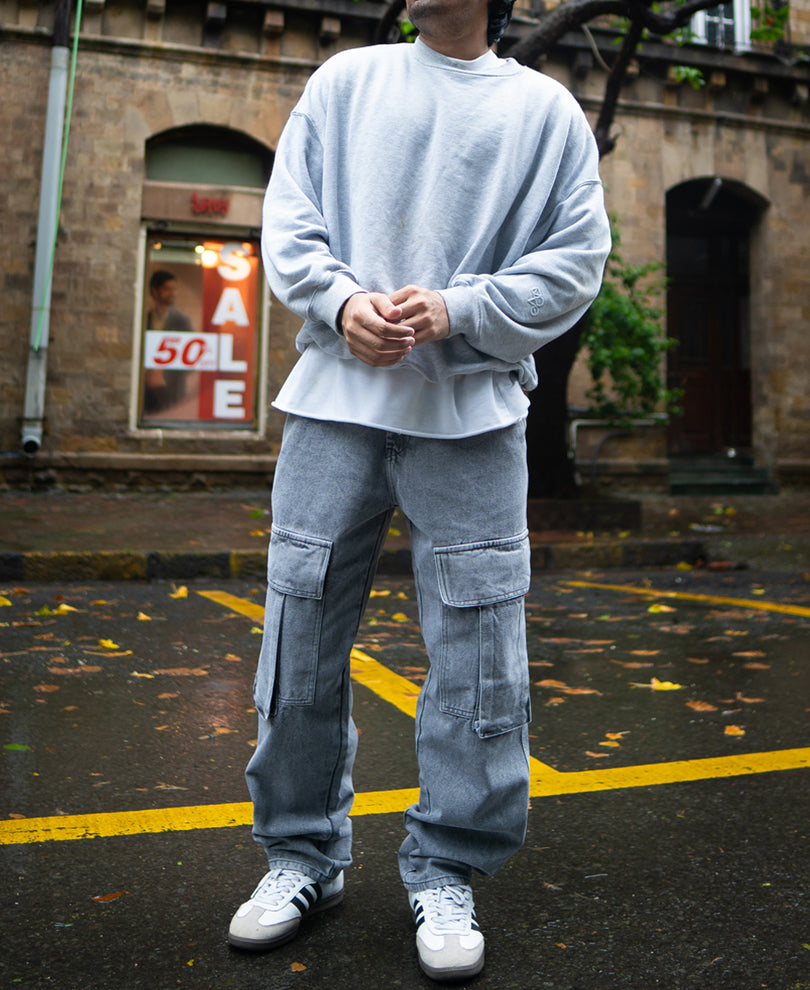Charcoal Grey Baggy Fit Denim Jeans with Cargo Pockets