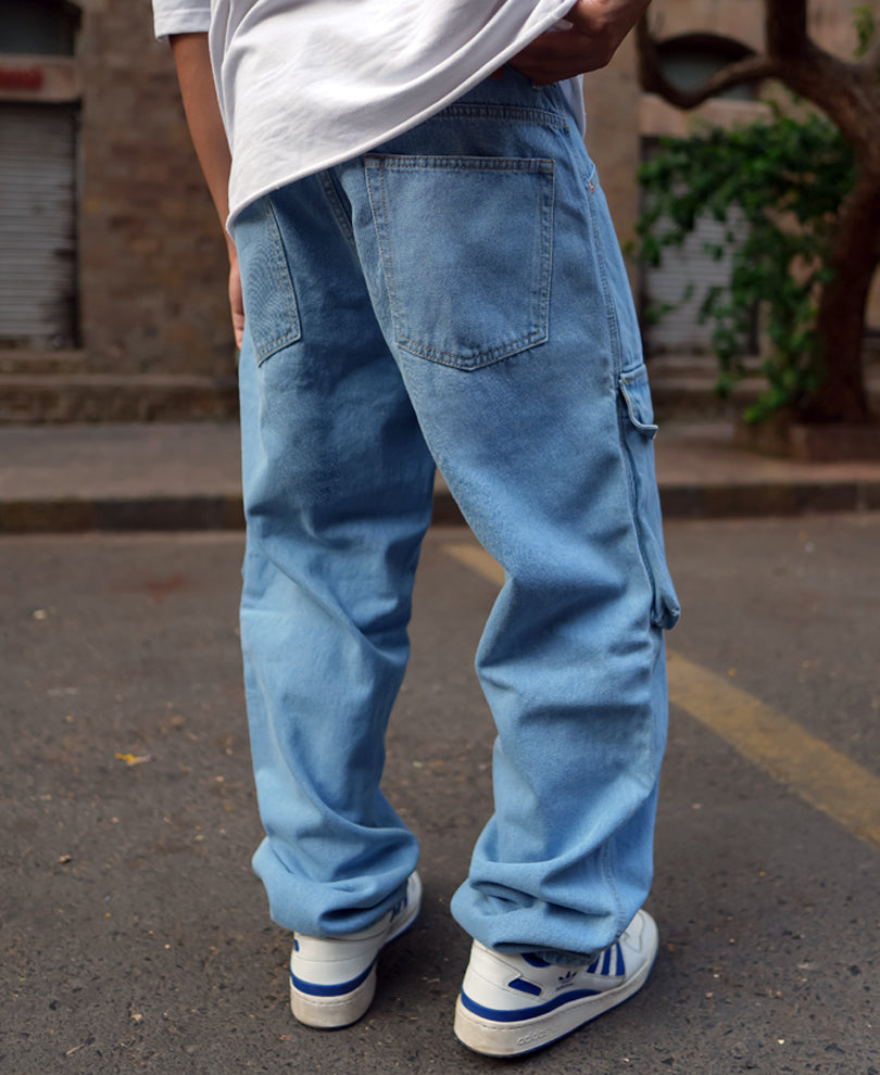 Ice Blue Denim Cargo Pocket Baggy Fit Jeans