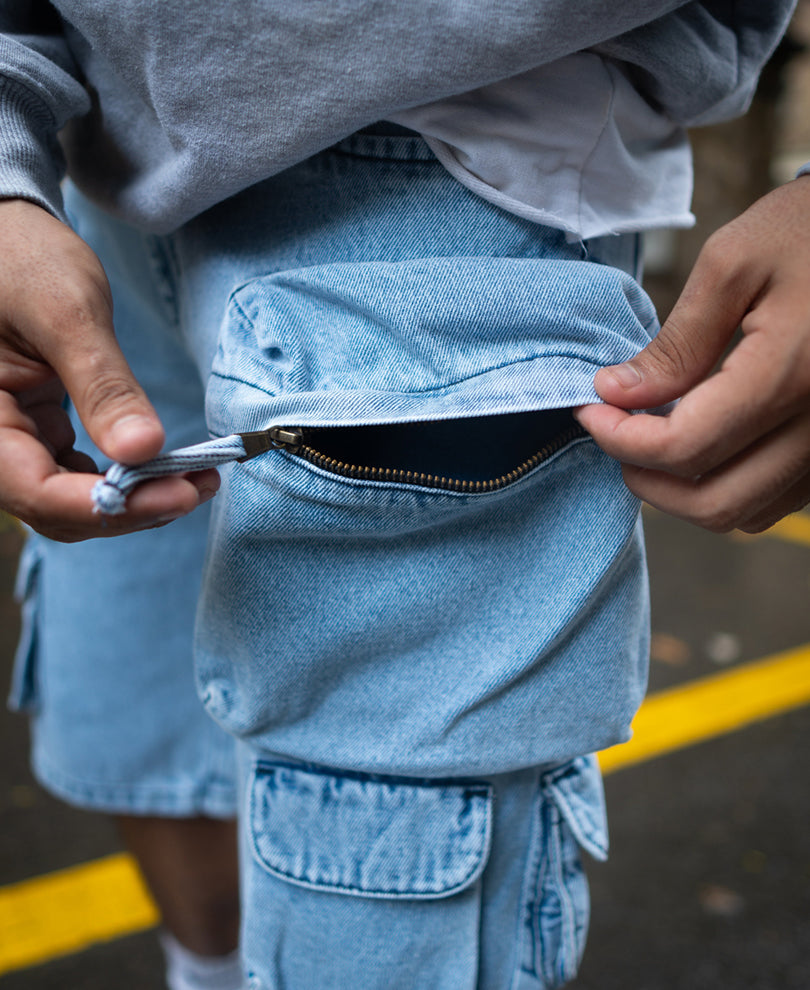 Ice Blue Baggy Fit Cargo Denim Shorts