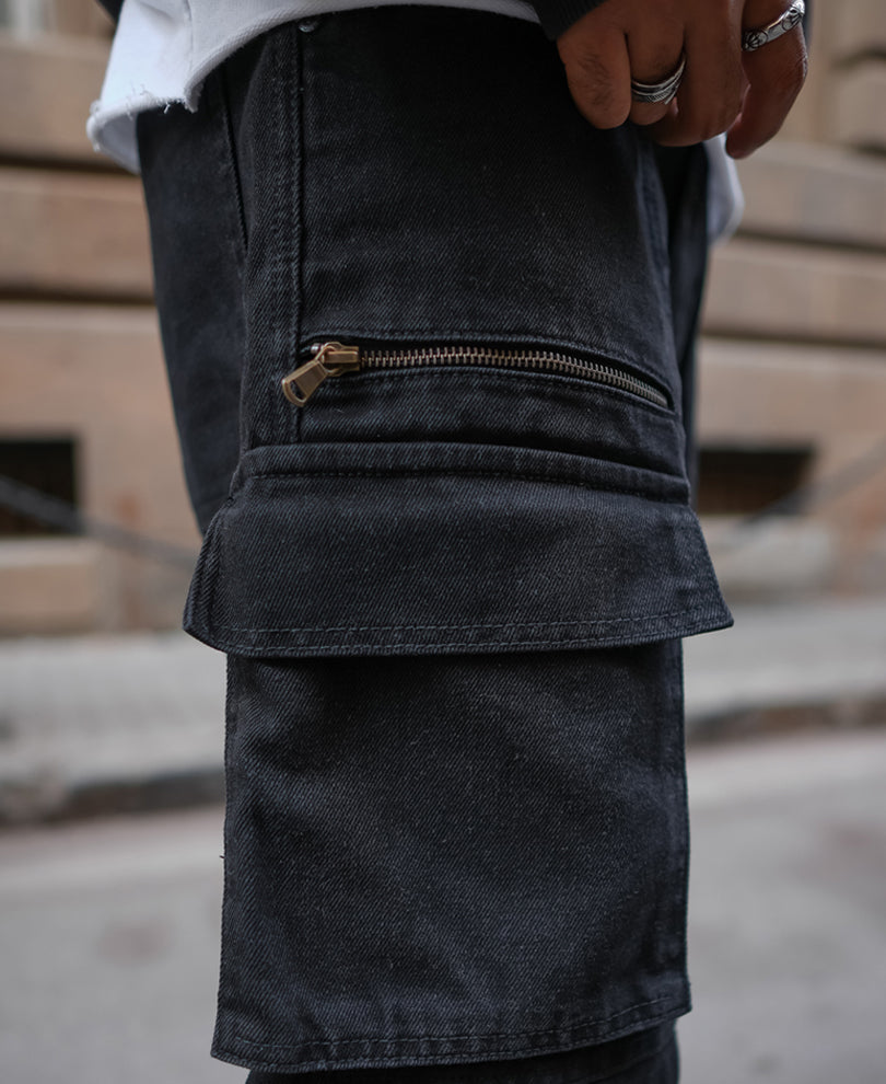 Black Denim Cargo Pocket Shorts