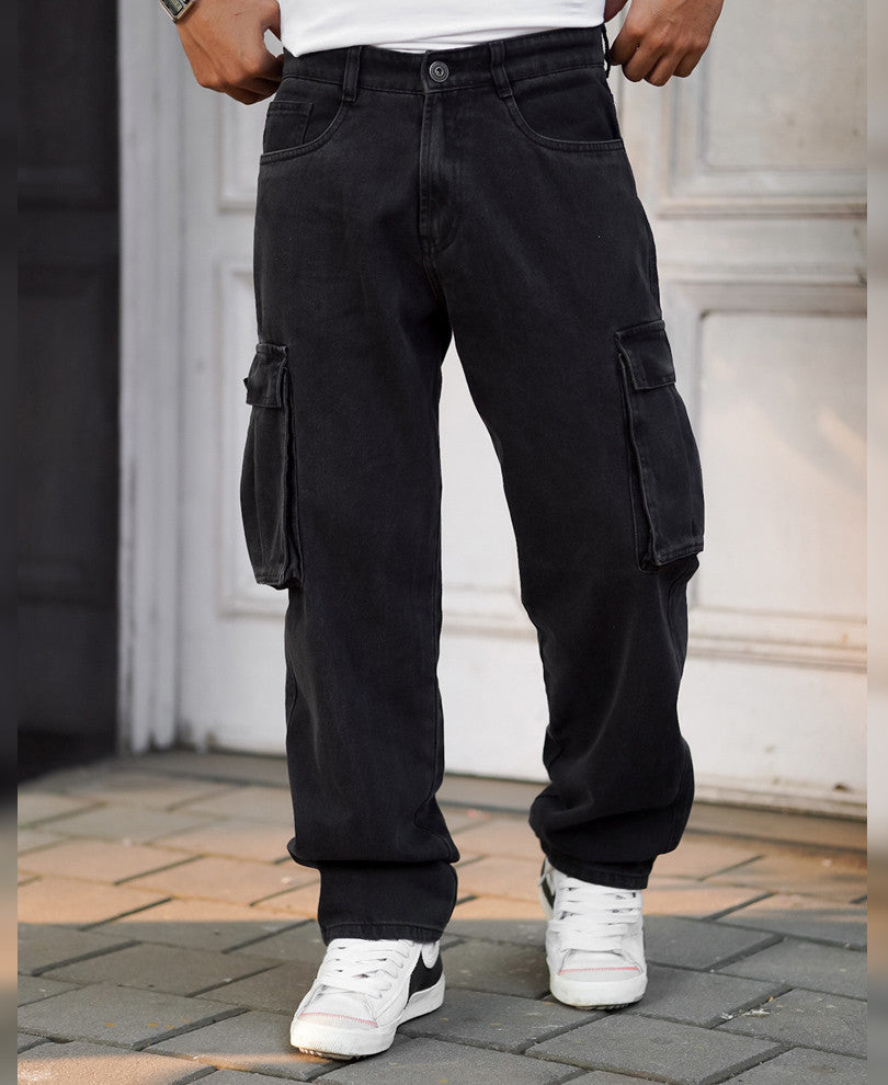 Dusty Black Baggy Fit Side Pocket Cargo Jeans
