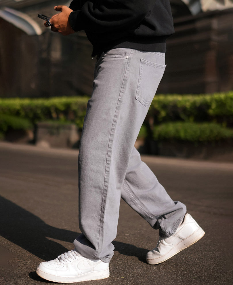 Light Grey Denim Solid Baggy Fit Jeans