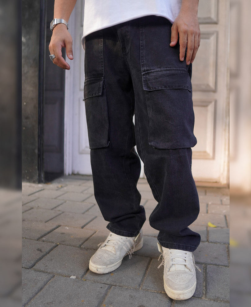 Black Cargo Pocket Denim Baggy Fit Jeans
