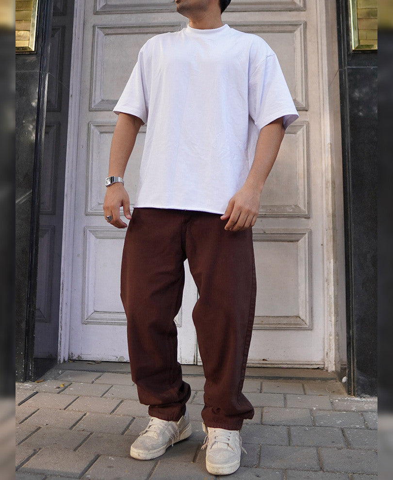 Brown Denim Solid Baggy Fit Jeans