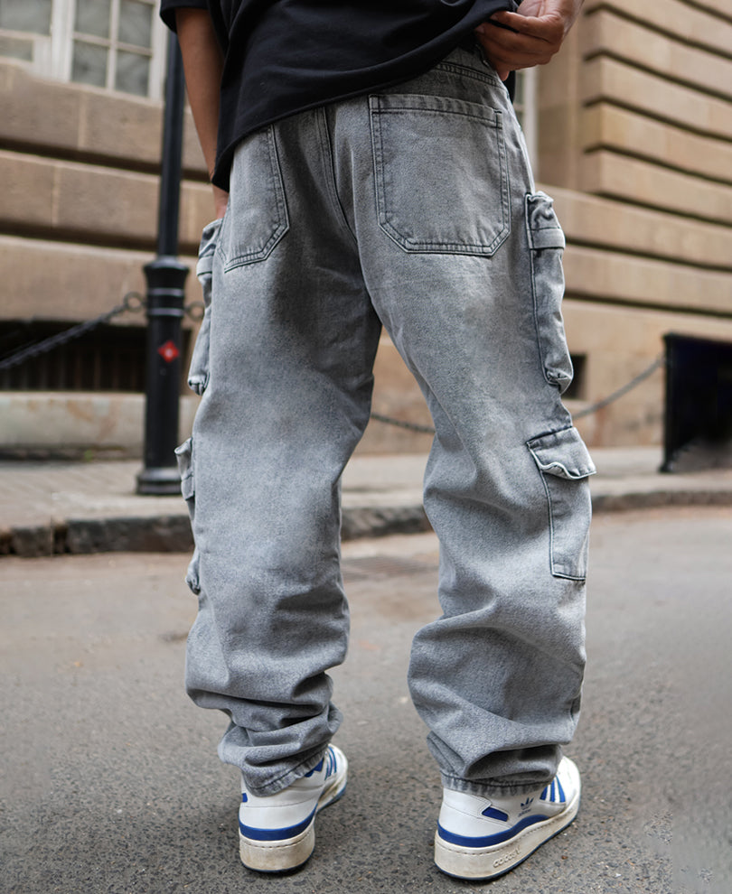 Grey Denim Baggy Fit Cargo Jeans