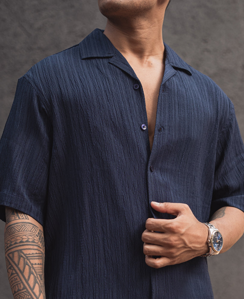Navy Blue Structured Oversized Half Sleeves Shirt