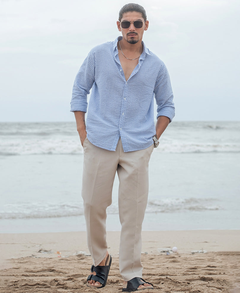 Blue and White Regular fit Striped Full Sleeves Shirt