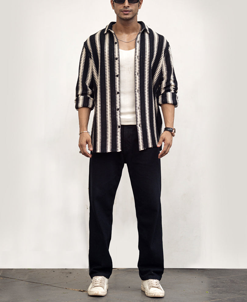 Black and White Striped Regular fit Crochet  Full Sleeves Shirt