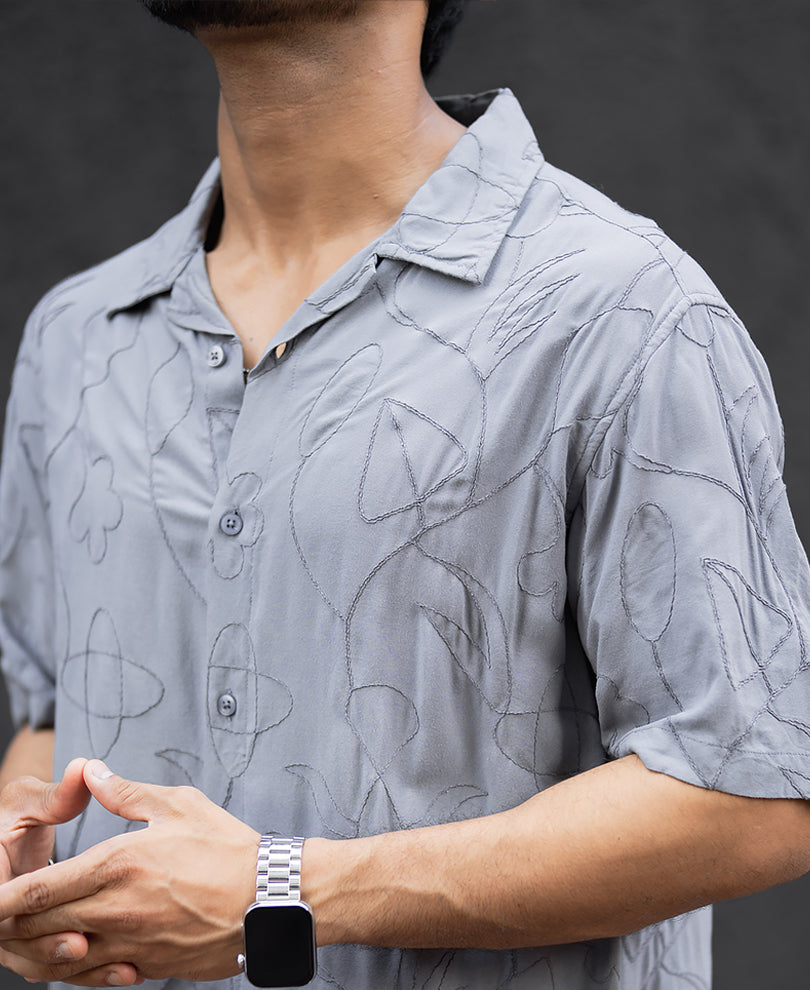 Grey Embroidery Oversized Half Sleeves Shirt