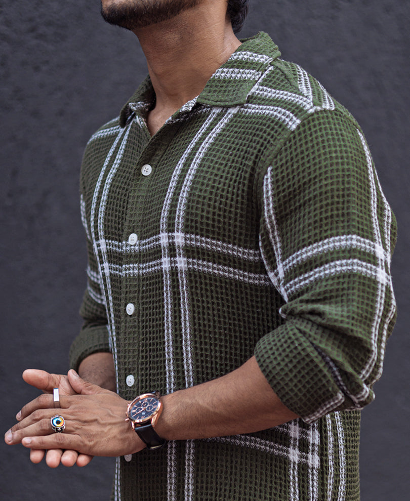 Green and White Striped Waffle Structured Regular fit Full Sleeves Shirt