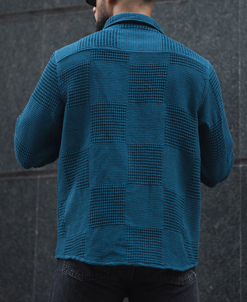 Teal Blue Waffle Structure Regular Fit Full Sleeves Shirt