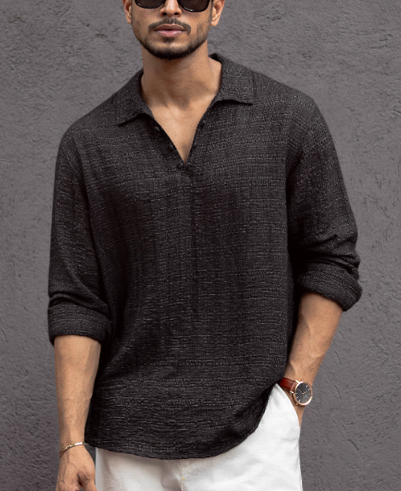 Black Kurta Style Regular Fit Full Sleeves Shirt