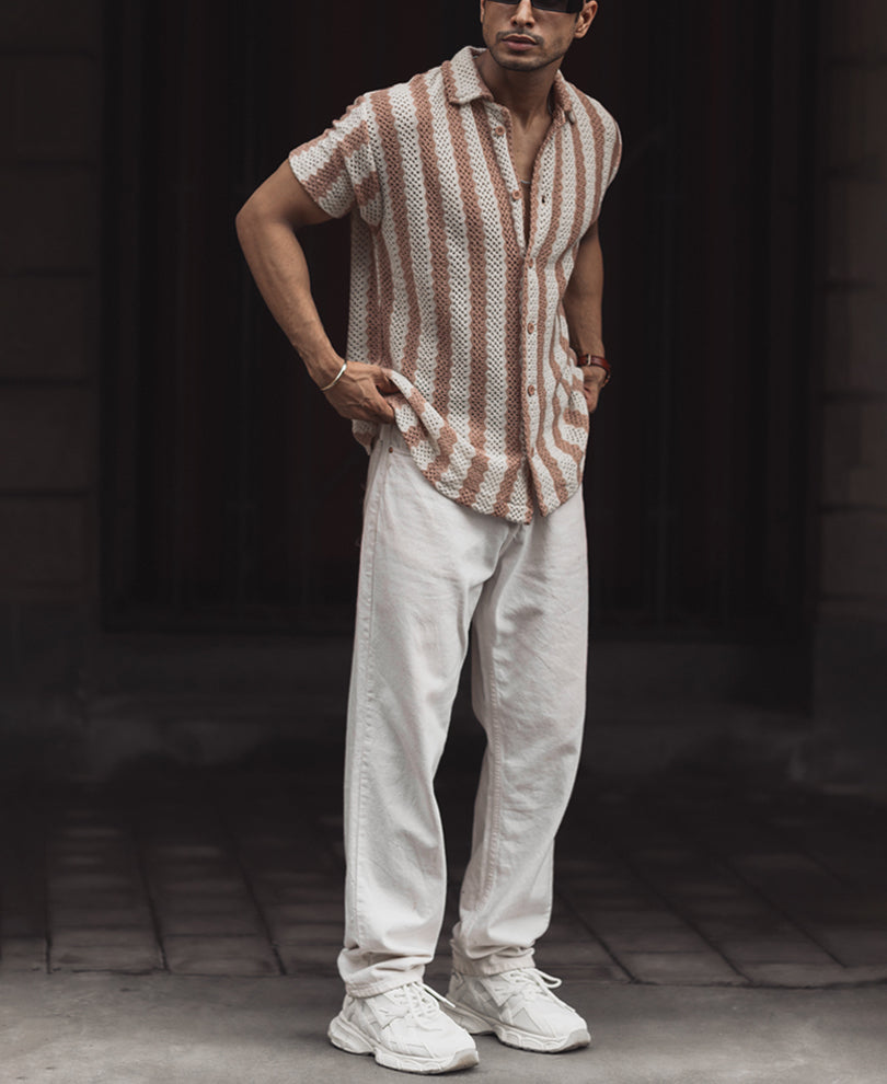 Beige and Off White Crochet Striped Regular Fit Half Sleeve Shirt