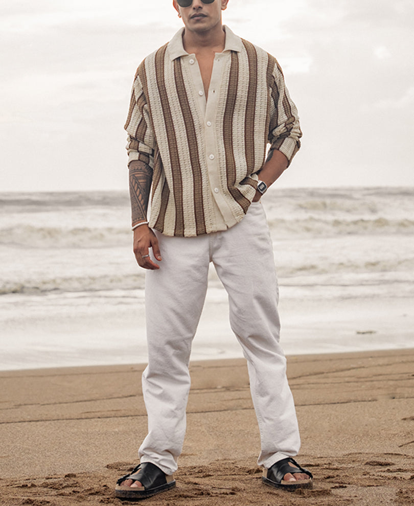 Off White and Beige Crochet Striped Regular Full Sleeves Shirt