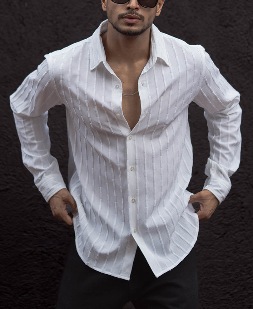 White Structure Regular Fit Full Sleeves Shirt