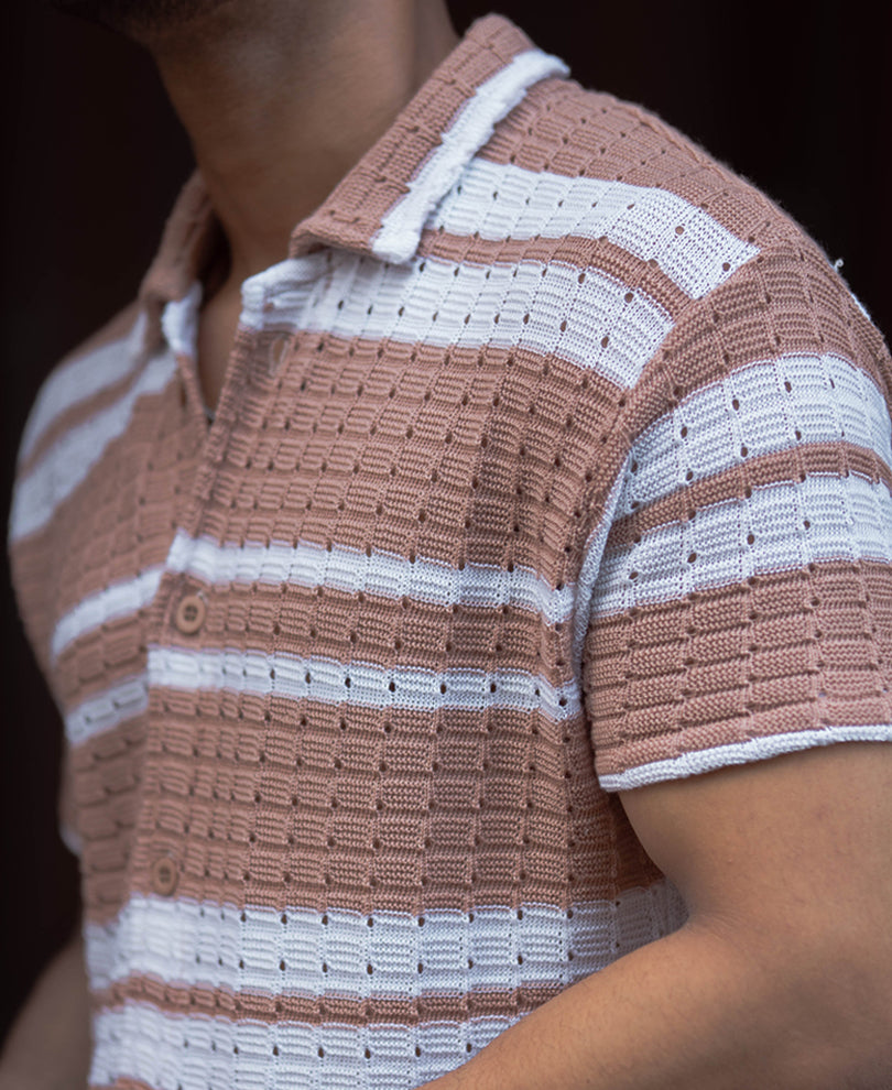 Beige And White Striped Regular Fit Half Sleeves Shirt