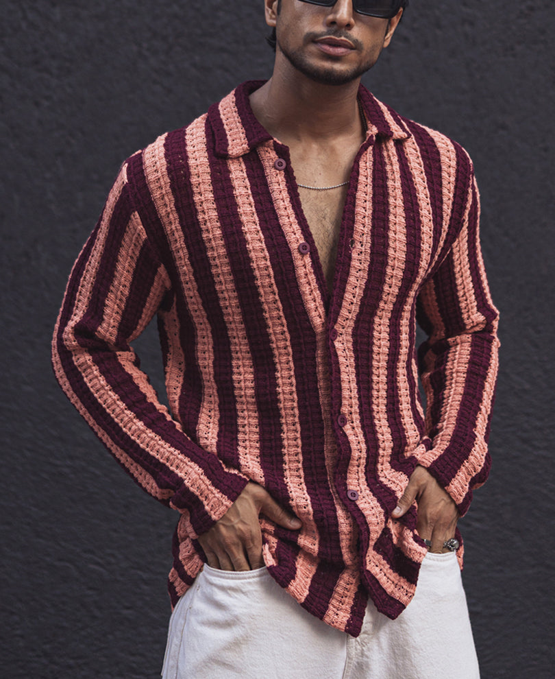 Maroon and Peach Full Sleeves Striped Regular fit Shirt