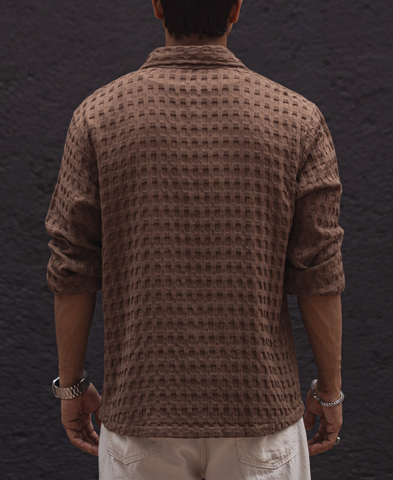 Brown Waffle Regular Fit Full Sleeves Shirt