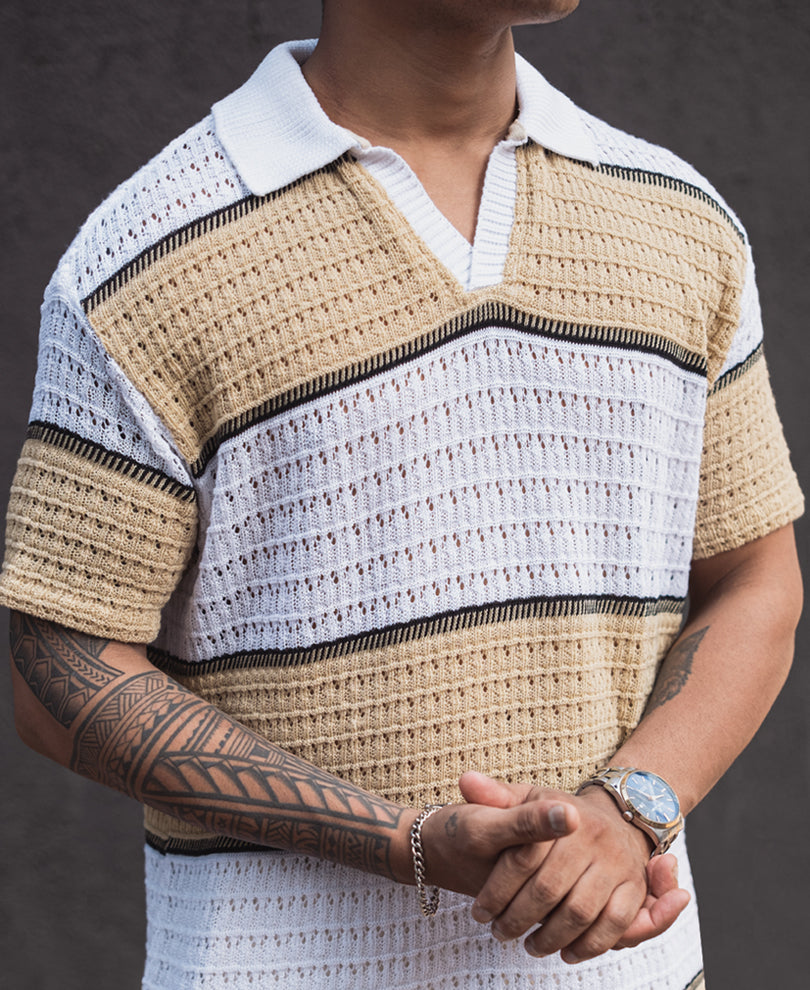 Beige and White Regular Fit Striped Half Sleeves T Shirt