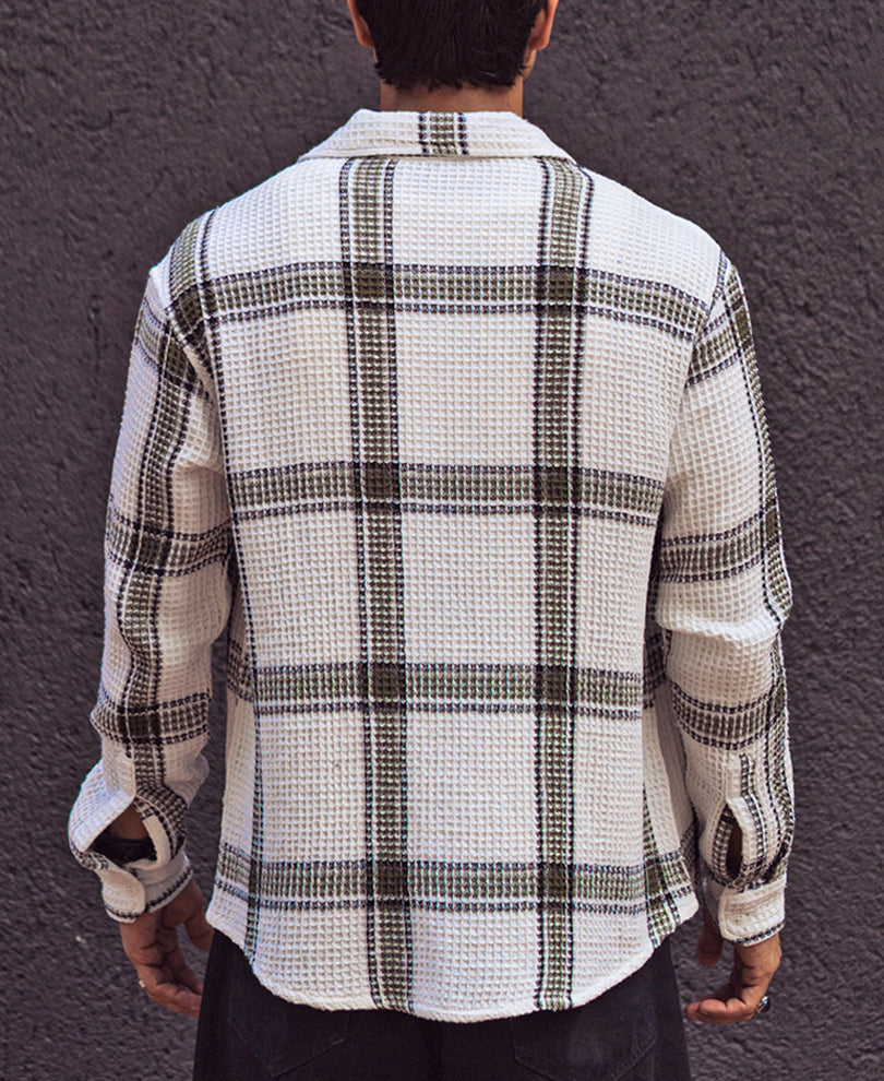 Olive and White Waffle Checks Regular Fit Full Sleeves Shirt