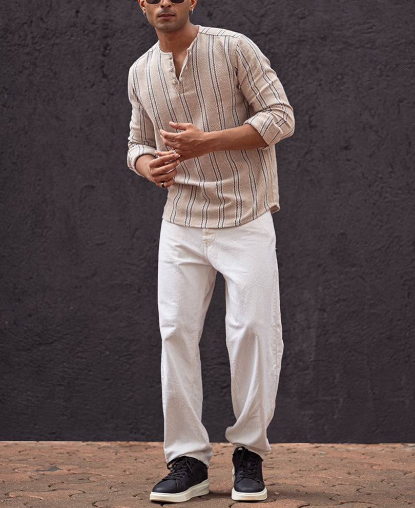Beige Regular Fit Full Sleeves Kurta Shirt