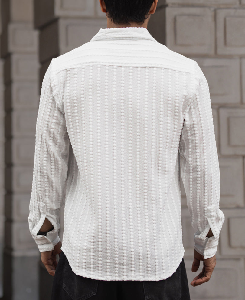 White Self Striped Structured Regular Fit Full Sleeves Shirt