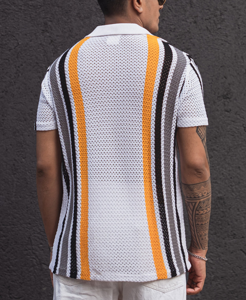 Yellow and White Striped Regular Fit Half Sleeves Shirt