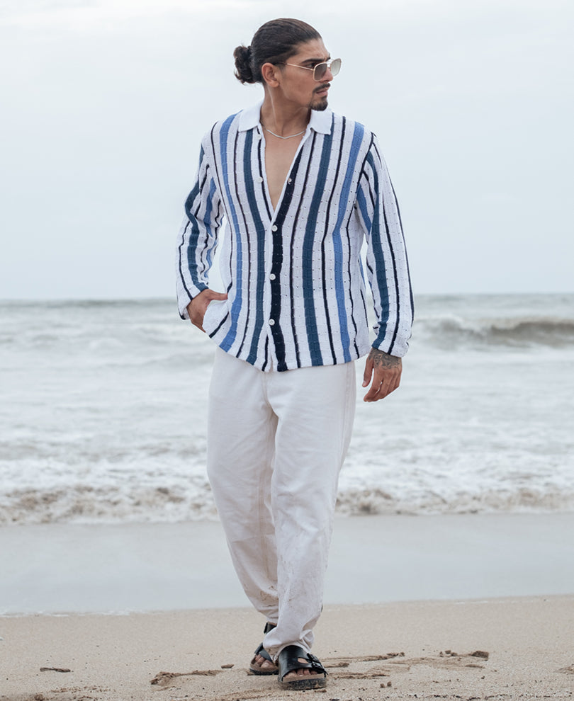 Blue and White Striped Regular fit Full Sleeves Shirt