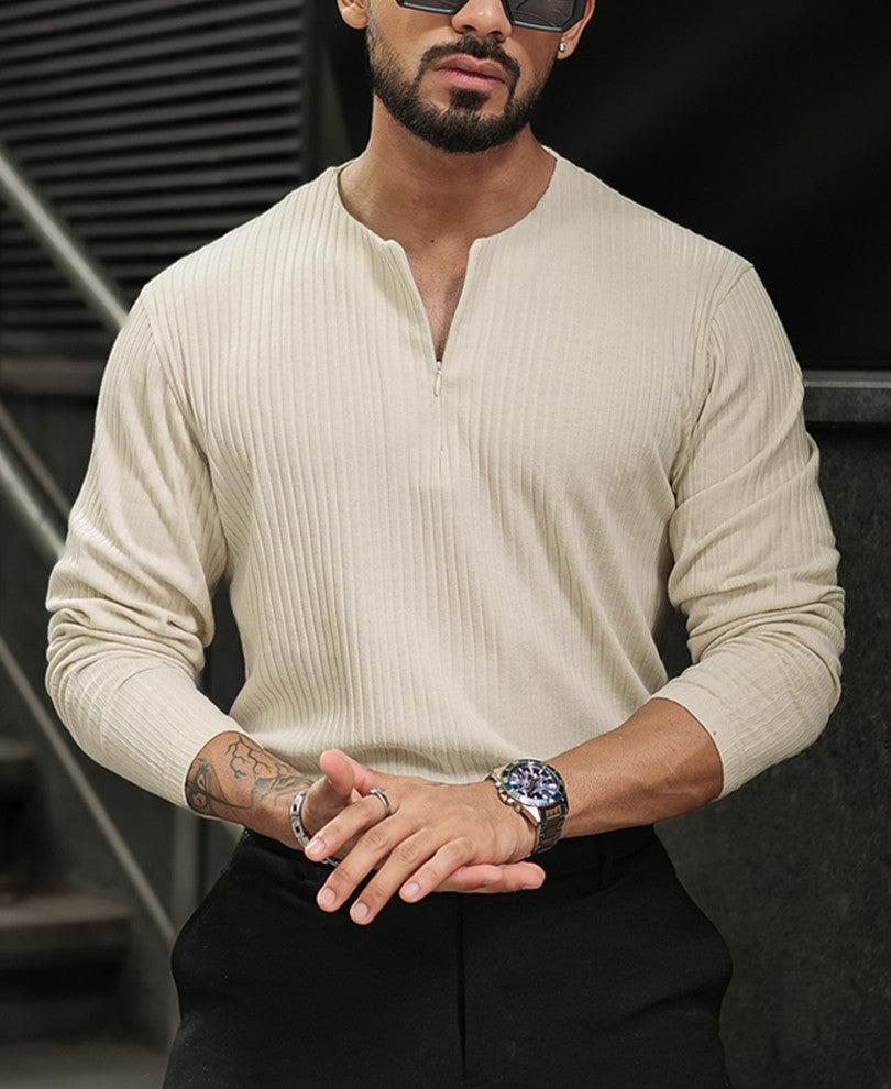 Light Beige Regular Fit Full Sleeves Tshirt