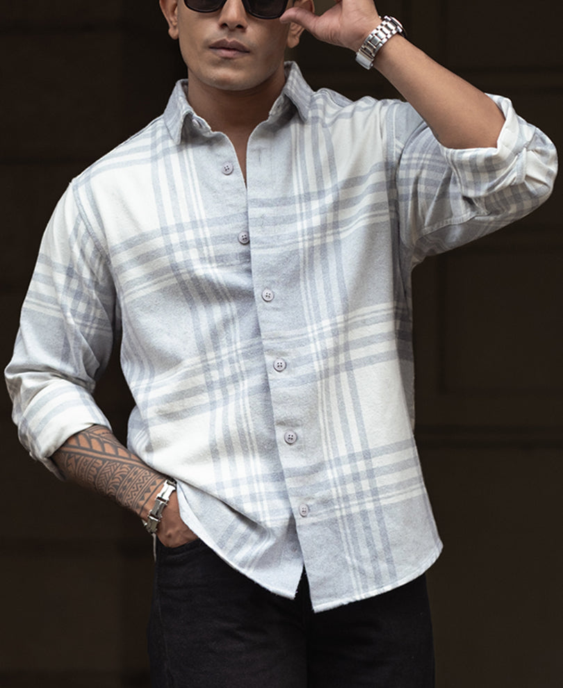 Light Grey and White Regular Fit Flannel Full Sleeve Shirt