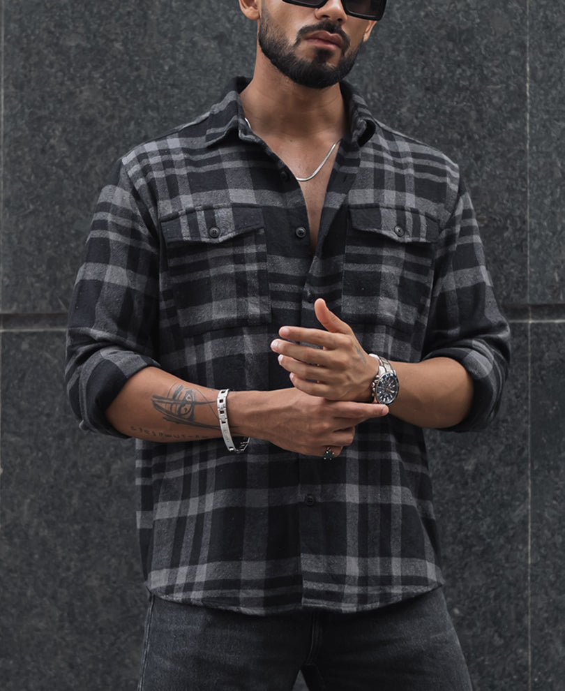Black and Grey Checked Regular Fit Overshirt with Full Sleeves