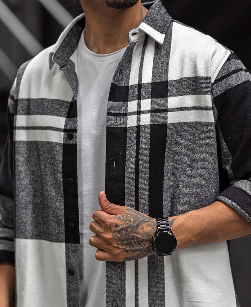 Black and White Checks Regular Fit Full Sleeves Overshirt