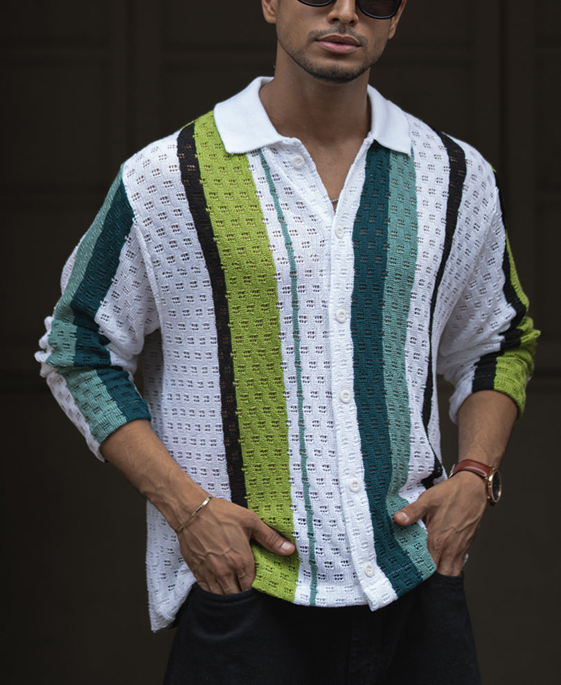 Multi Colour Vertical Striped Crochet Regular Fit Full Sleeve Shirt